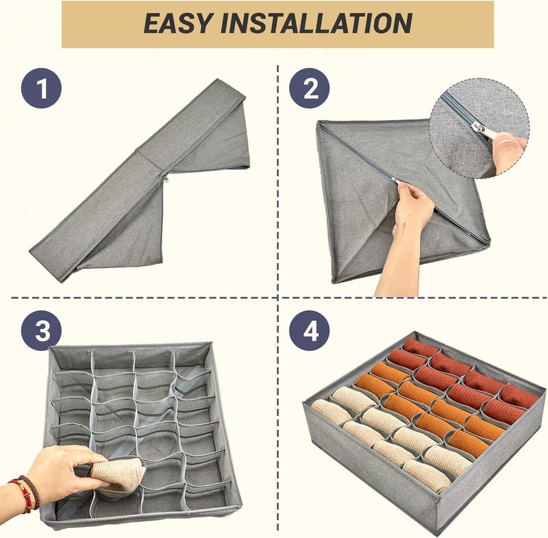 PINGMIC Gray Sock Organizer Divider 2 Pack - 24 Cell Foldable Closet Storage, Tie Organizer For Men Boxes for Socks, Ties, Belts - Image 5